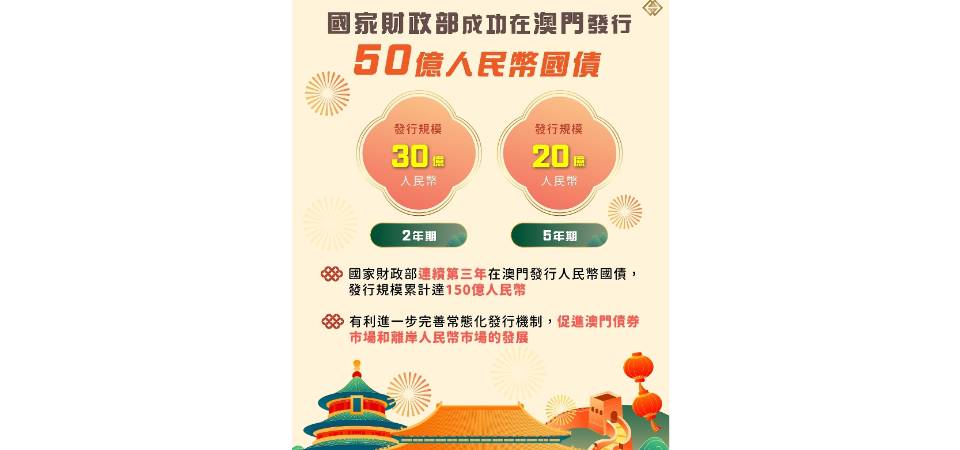 國家財政部成功在澳門發行50億人民幣國債